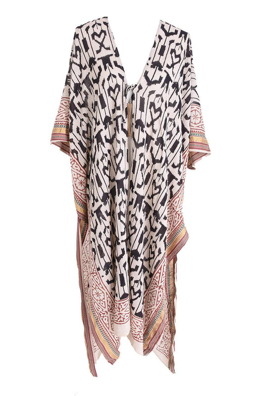 MAXI KIMONO COTTON BLOCK PRINT - Noir