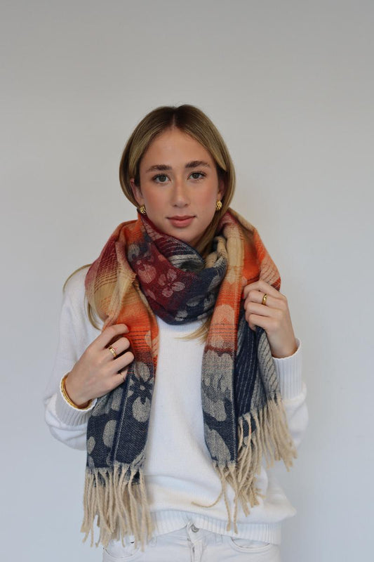 Printed Winter Scarves -   Orange, Navy & Camel