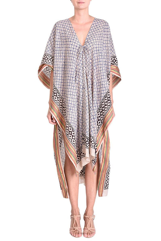 MAXI KIMONO COTTON BLOCK PRINT - BLEU FONCE