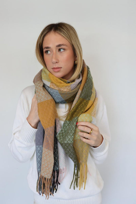 Warm Check Scarf -  Yellow Grey