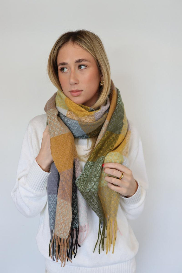 Warm Check Scarf -  Brown & Navy Mix