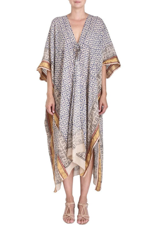 MAXI KIMONO COTTON BLOCK PRINT - BLEU FONCE