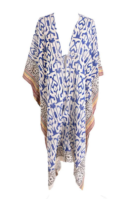 MAXI KIMONO COTTON BLOCK PRINT - BLEU FONCE