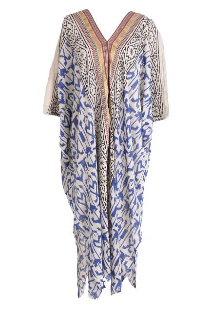 MAXI KIMONO COTTON BLOCK PRINT -  BLEU FONCE