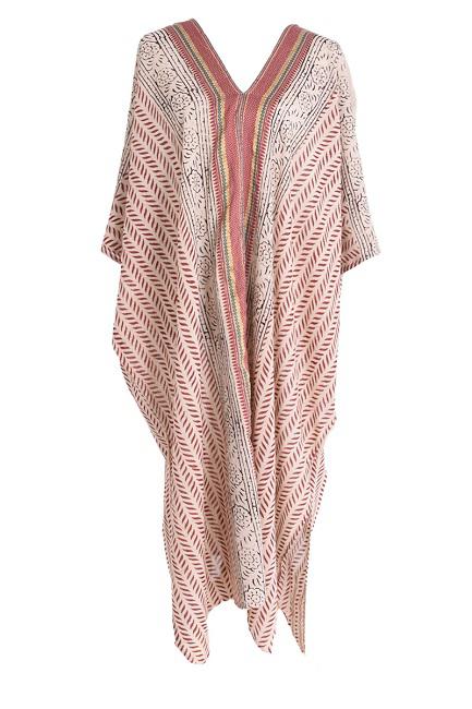 MAXI KIMONO COTTON BLOCK PRINT -  ROUGE FONCE