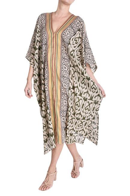 MAXI KIMONO COTTON BLOCK PRINT -  VERT FONCE