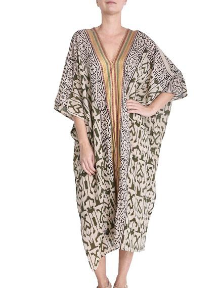 MAXI KIMONO COTTON BLOCK PRINT -  VERT FONCE