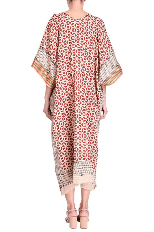 MAXI KIMONO COTTON BLOCK PRINT - ROUGE FONCE