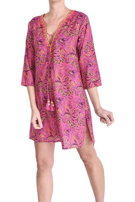 EMBROIDERED V-NECK TUNIC - ROSE FONCE