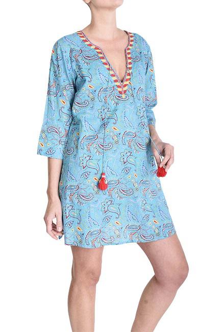 EMBROIDERED V-NECK TUNIC - BLEU CLAIR