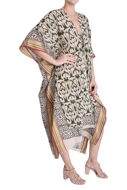 MAXI KIMONO COTTON BLOCK PRINT - VERT FONCE