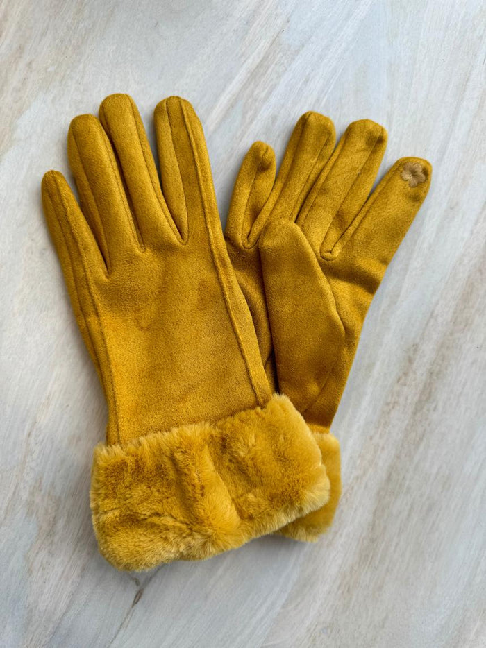 Faux Trim Side Pleated Poly suede gloves