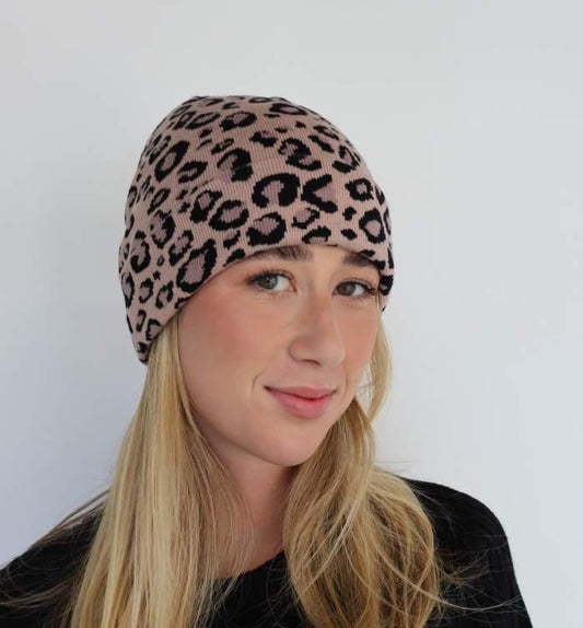 Leopard Print Beanie - Dark Pink