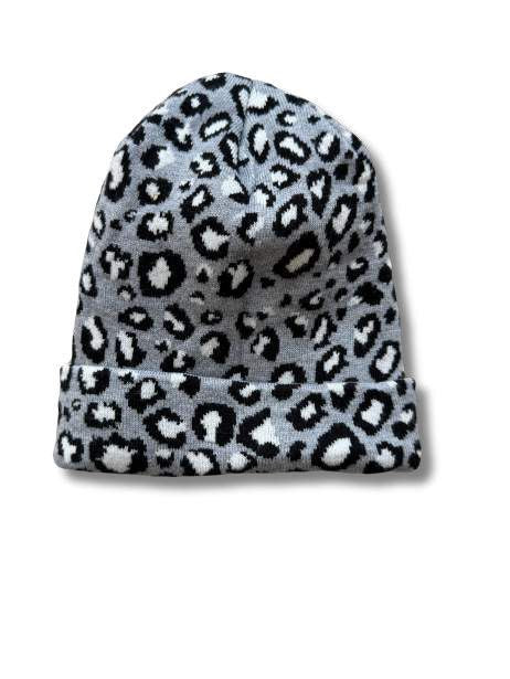 Leopard Print Beanie - Grey