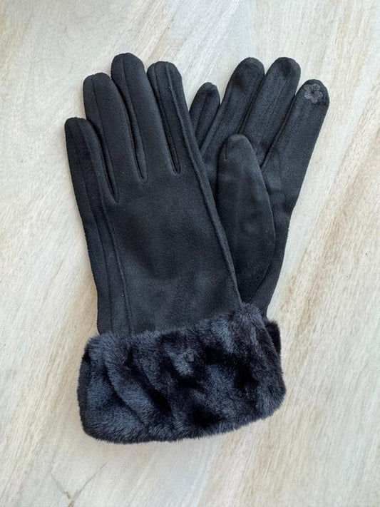 Faux Trim Side Pleated Poly suede gloves