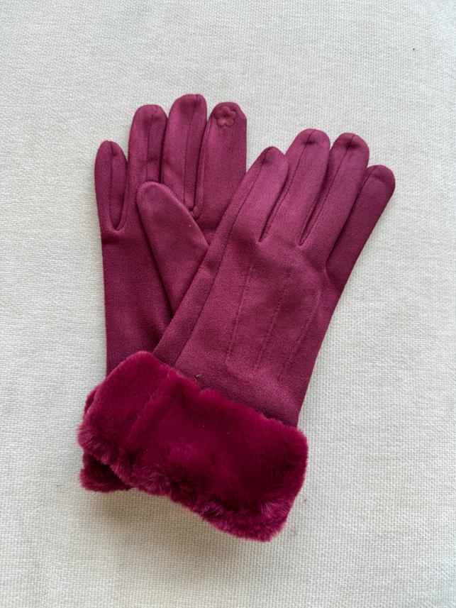 Faux Trim Pleated Poly Suede Gloves GL010