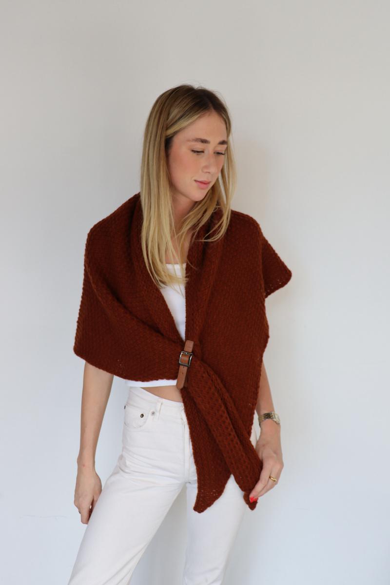 Buckle Wrap Knitted Poncho  - Rust