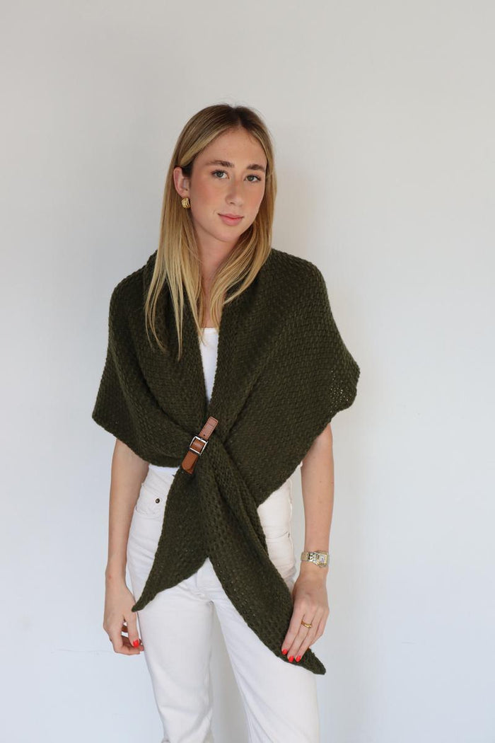 Buckle Wrap Knitted Poncho - Vert Fonce
