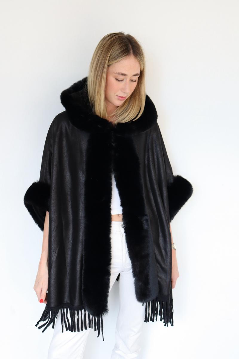 Hooded Faux Fur Poncho - S44346