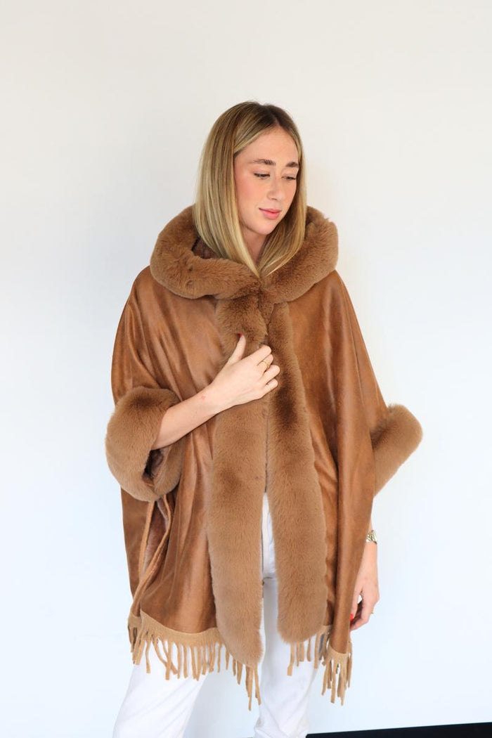 Hooded Faux Fur Poncho - Camel