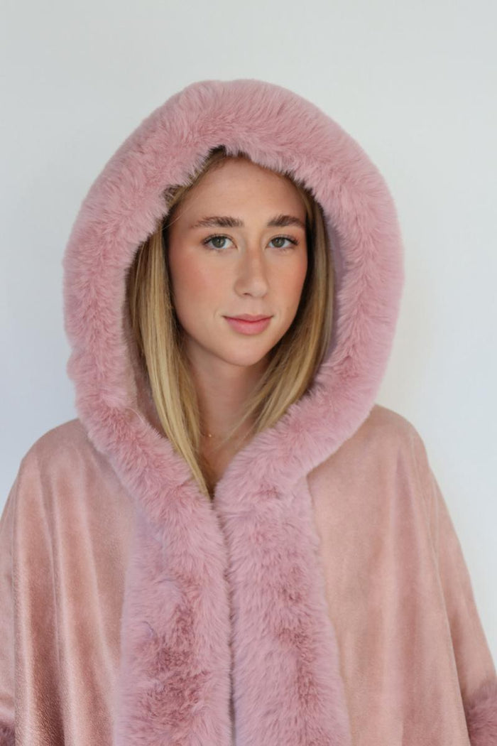 Hooded Faux Fur Poncho - Pink