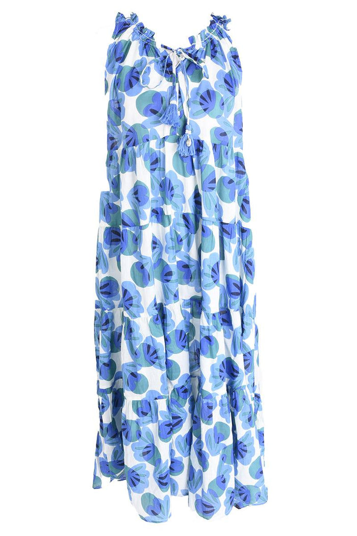 LONG COTTON DRESS WITH PLEATED COLLAR - BLEU CLAIR