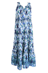 LONG COTTON DRESS WITH PLEATED COLLAR - BLEU FONCE