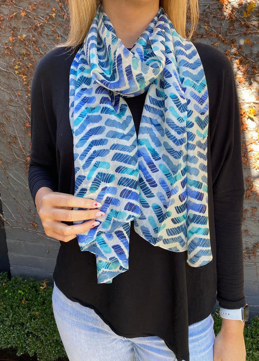 Blue Toned Triangle patterned silk scarf