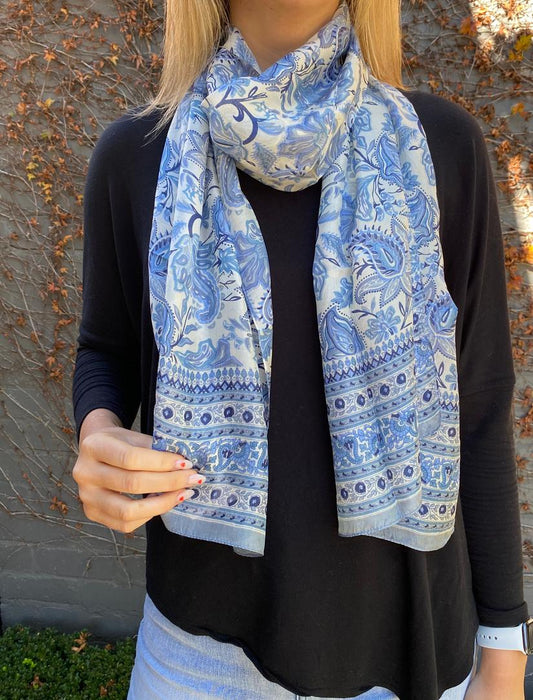 Blue Patterned Silk Scarf