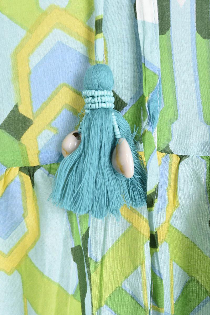LONG COTTON DRESS WITH PLEATED COLLAR - VERT CLAIR