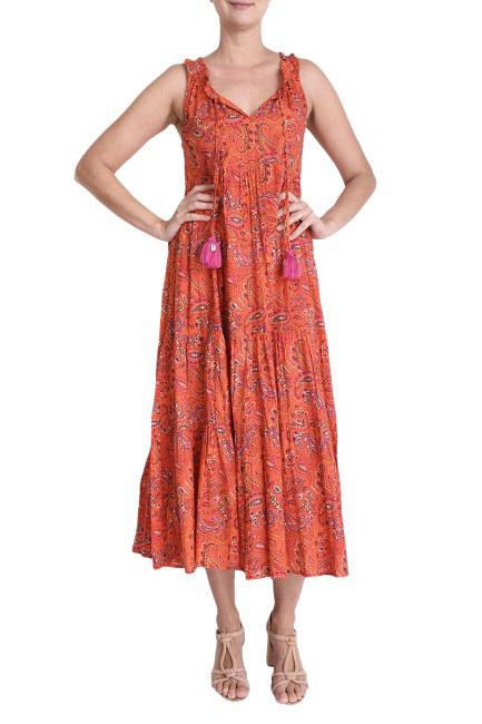 LONG COTTON DRESS WITH PLEATED COLLAR - ORANGE FONCE