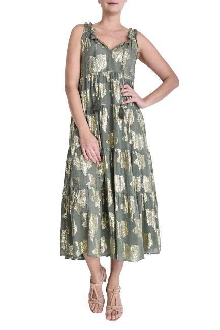 Long Cotton Pleated Collar Dress - 64590 Vert Fonce