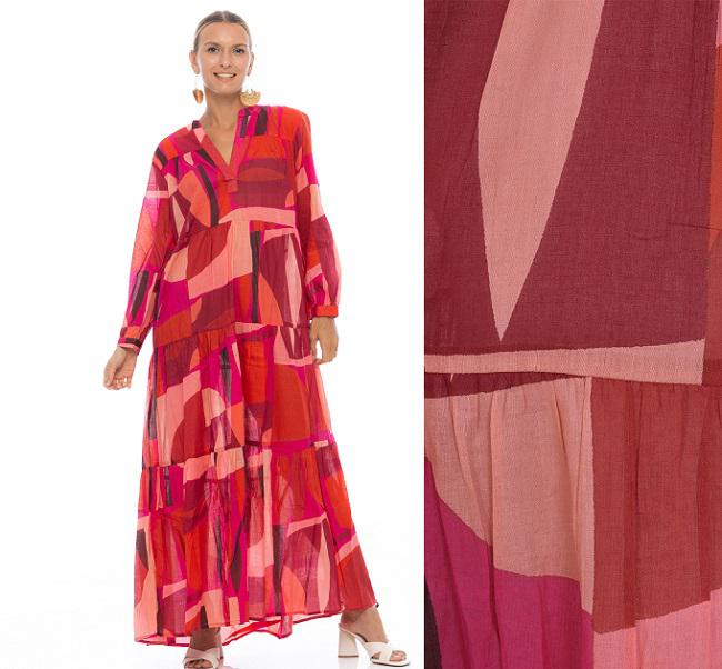LONG COTTON DRESS WITH COLLAR - ROUGE FONCE