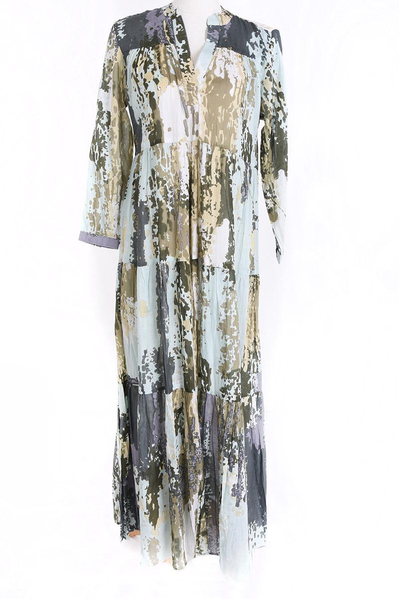 Long Cotton Dress with Collar - Vert Fonce 64569