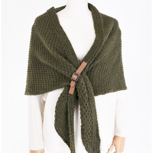 Buckle Wrap Knitted Poncho - Vert Fonce