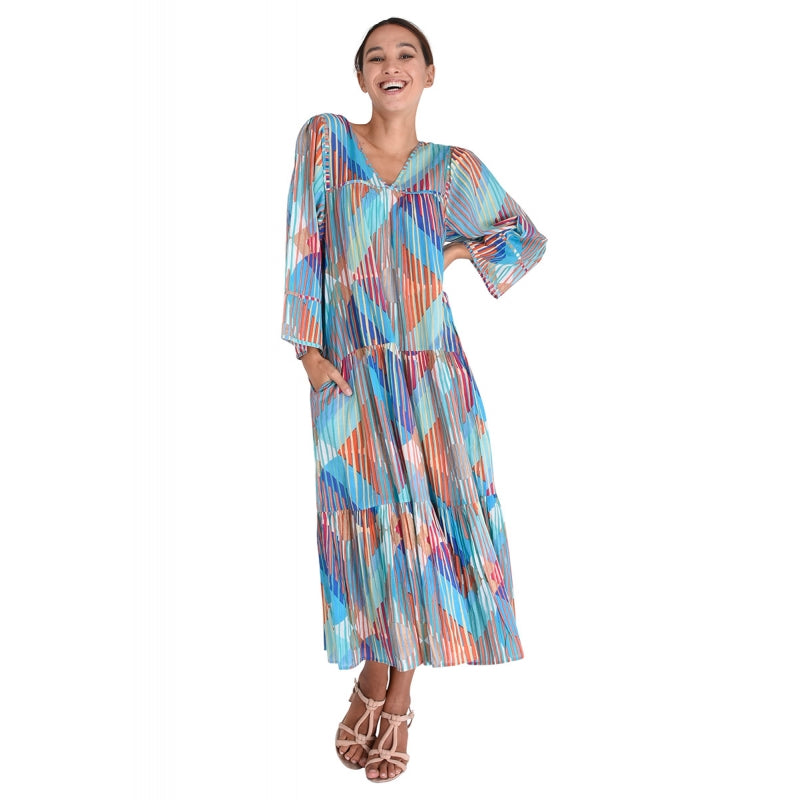 Long 3-Layered Cotton Dress 67033 Blue
