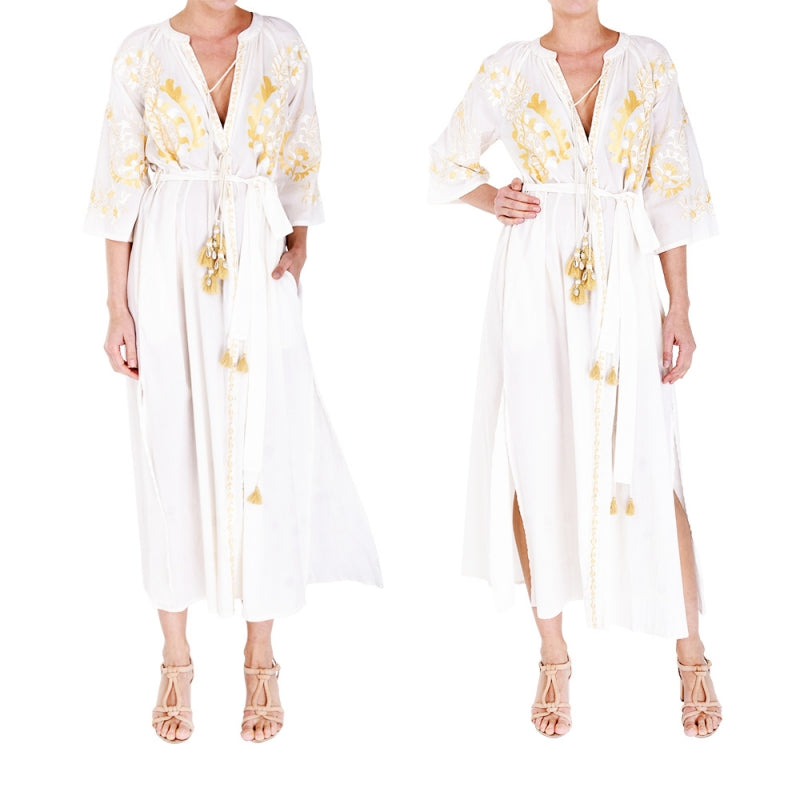 Palme Long Cotton Wrap Dress with Embroidery - Gold 66011