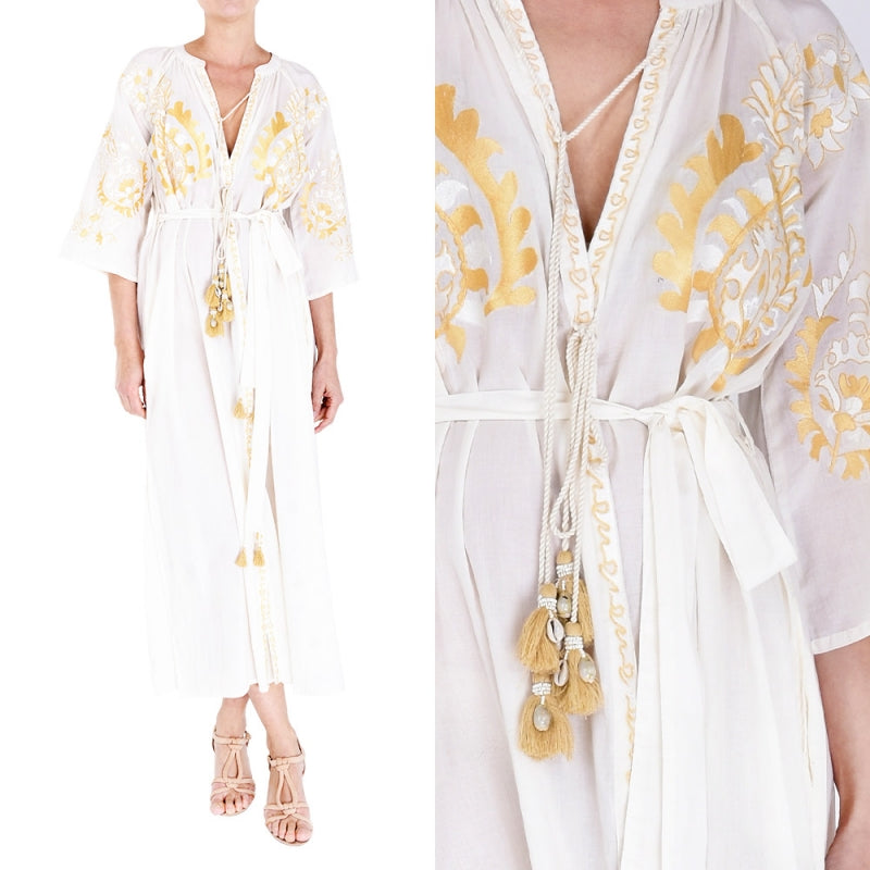 Palme Long Cotton Wrap Dress with Embroidery - Gold 66011