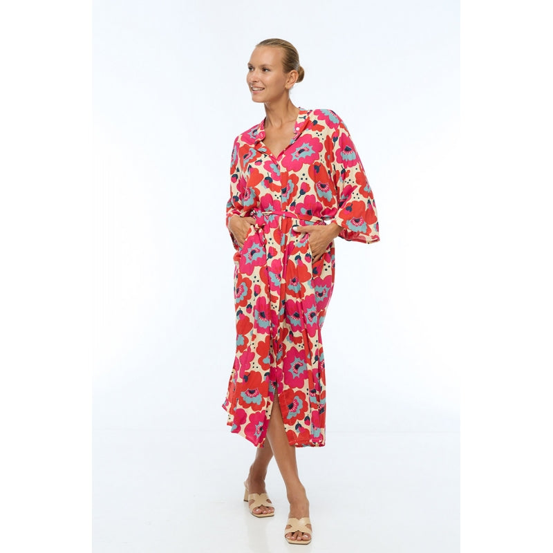 Long Viscose Summer Dress with Sleeves and Buttons 66988 Pink