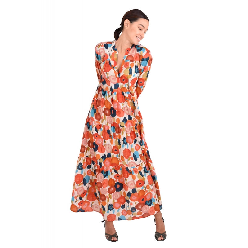 Pleated Cotton Printed Dress 67148 Orange Poppy