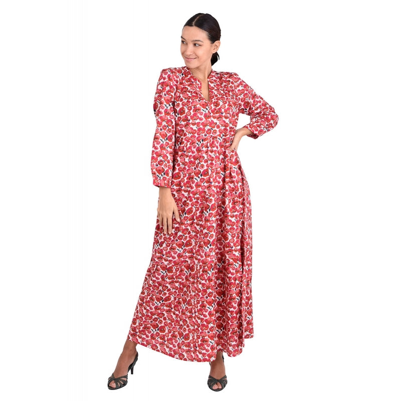 Pleated Cotton Printed Dress 67148 Red Poppy