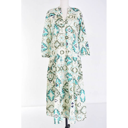 Long Printed Cotton Dress - Vert Fonce