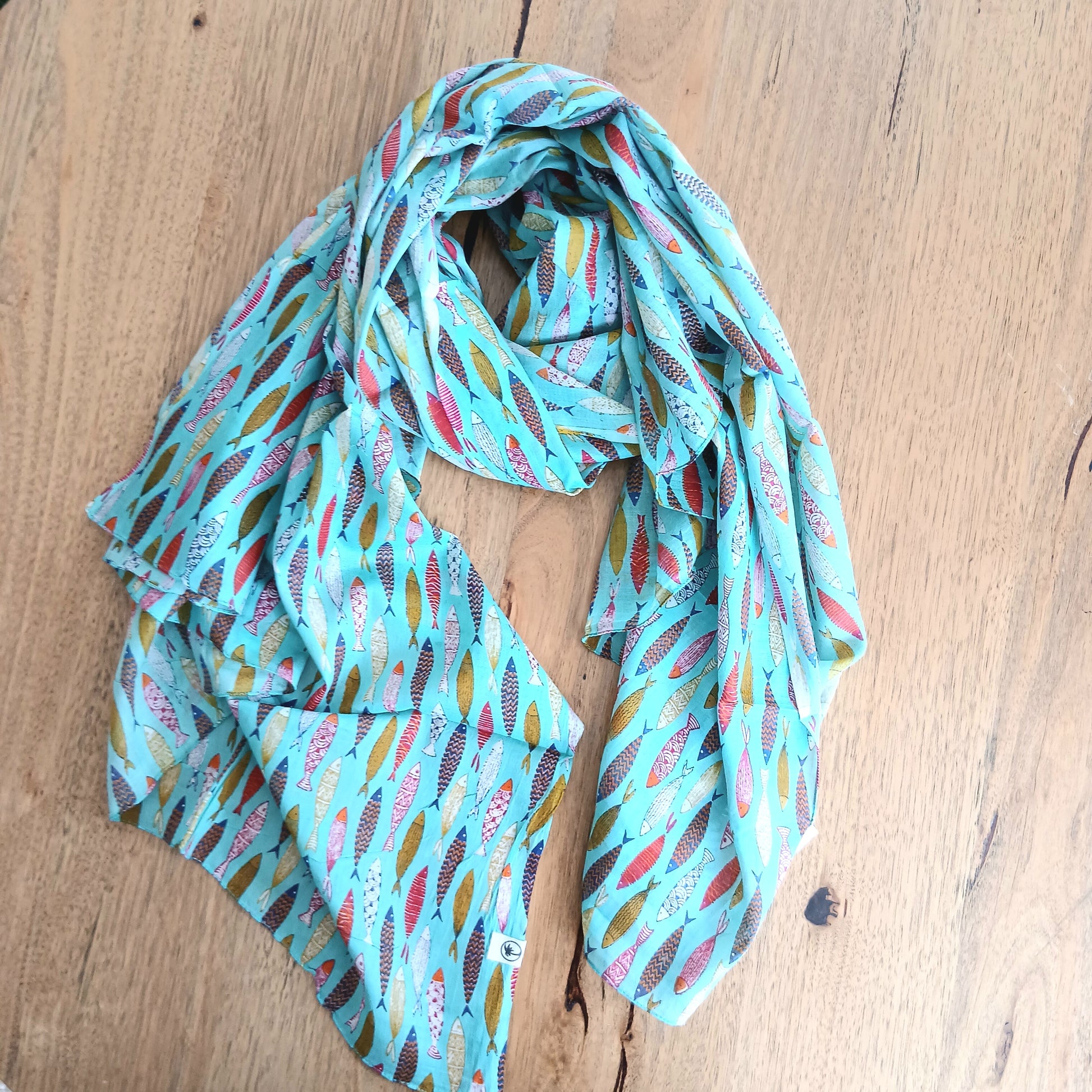 Sardine Decorated Cotton Scarf - Turquoise 63870