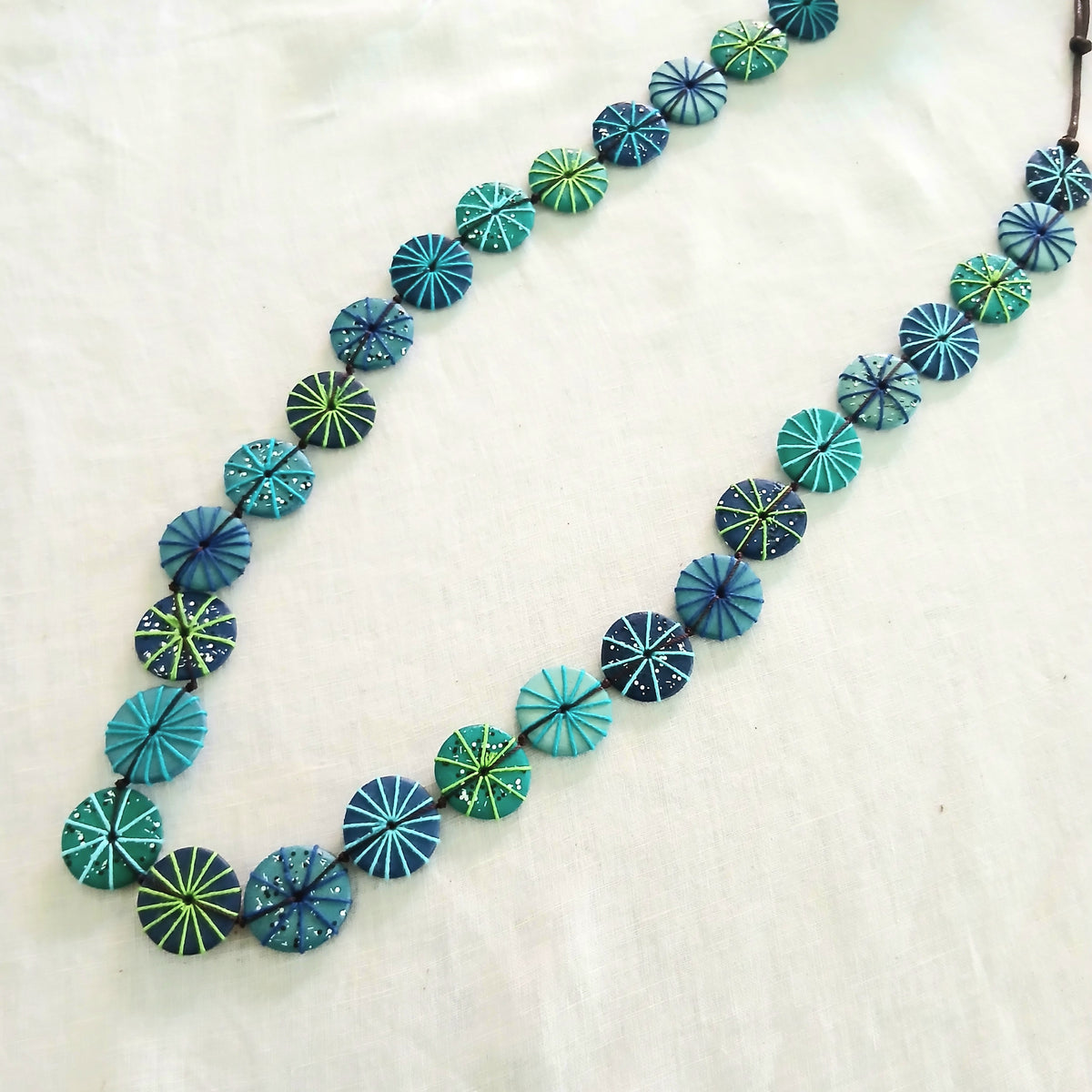 Long Embroidered and Speckled Wooden Beaded Necklace N7-01