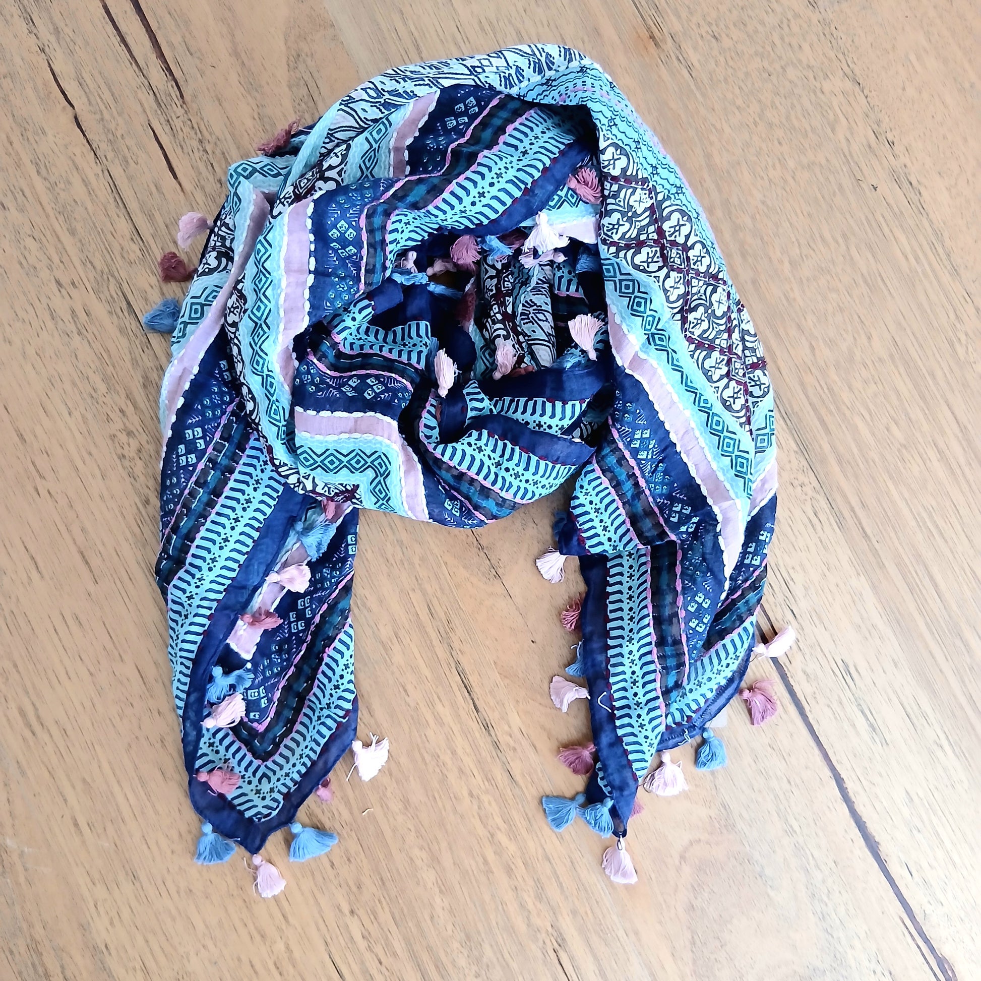 Cotton Square Embroidered Scarf with Pompom 46209