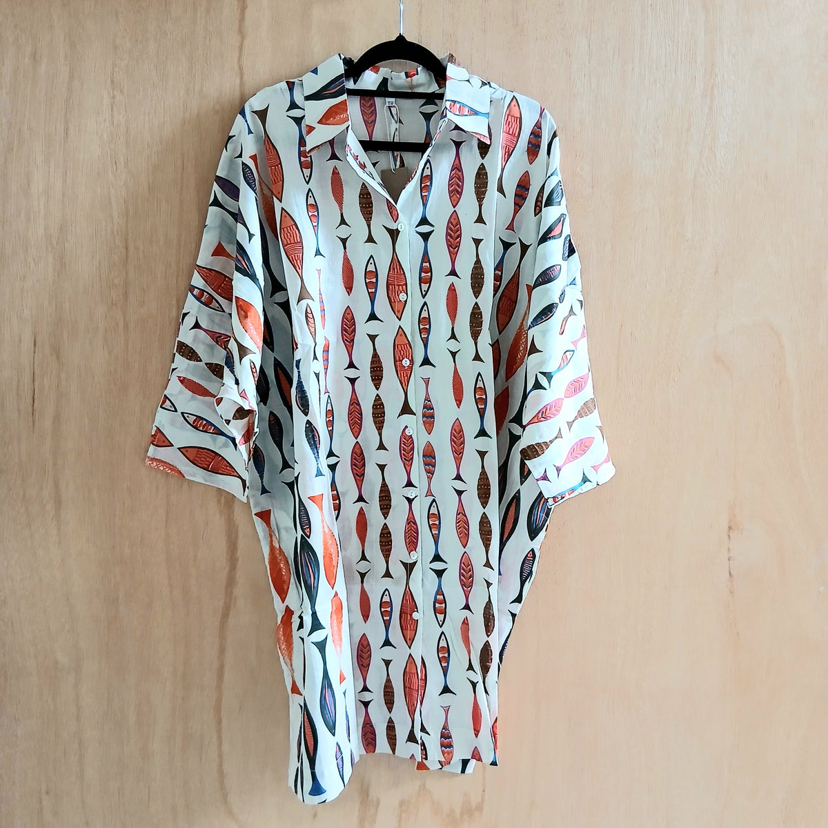 Printed Cotton Maxi Shirt Sardines 67146