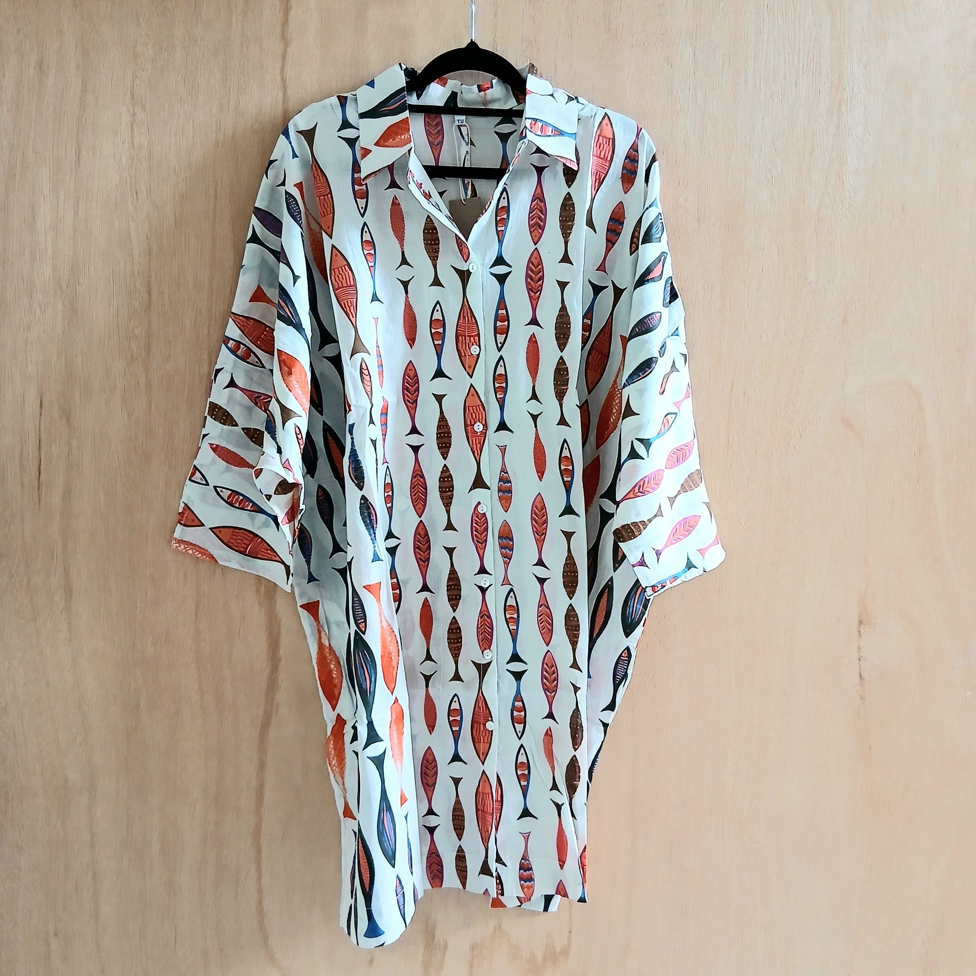 Printed Cotton Maxi Shirt Sardines 67146