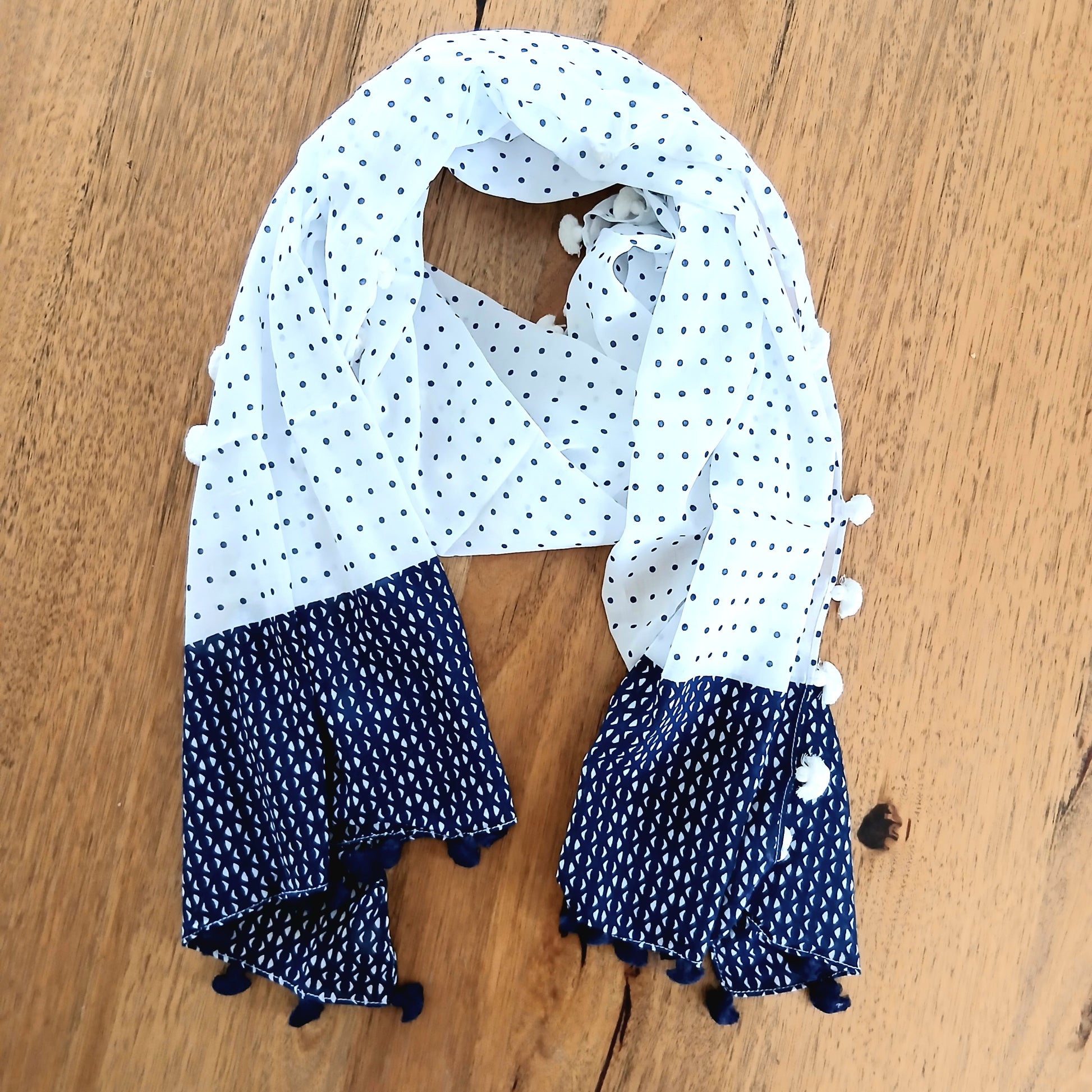 White and Blue Dot Patterned Scarf Yash-500