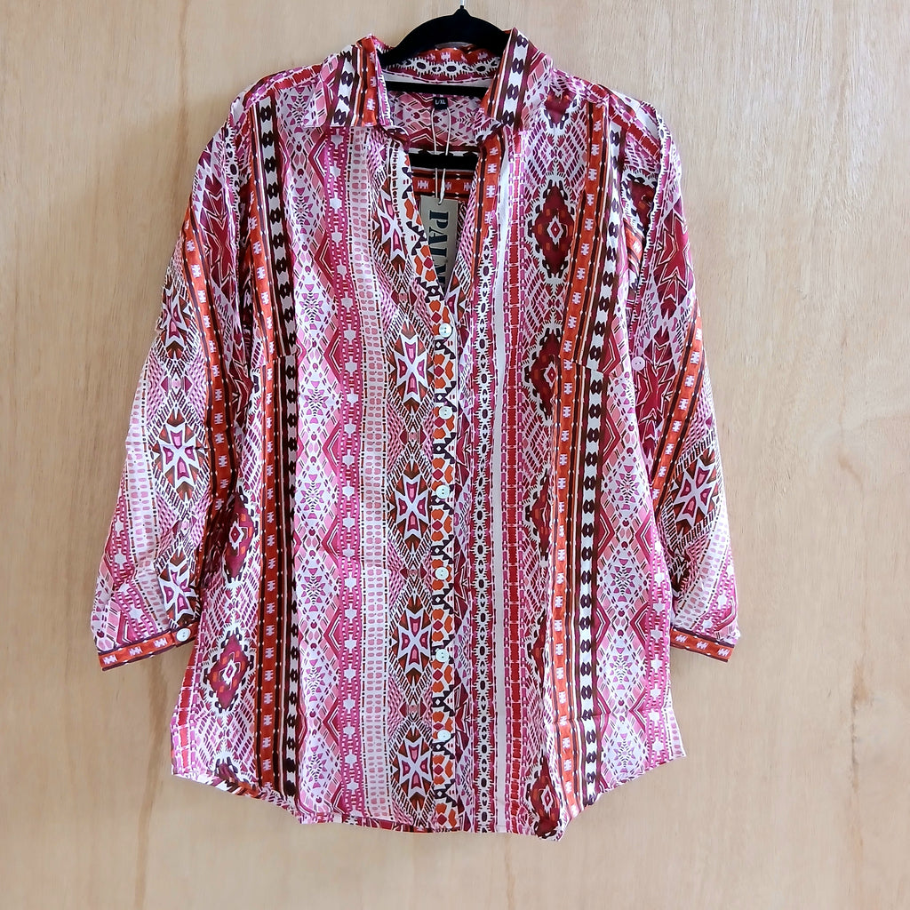 Palme V Neck+3/4 Sleeves Cotton Shirt - Rose Fonce 65943