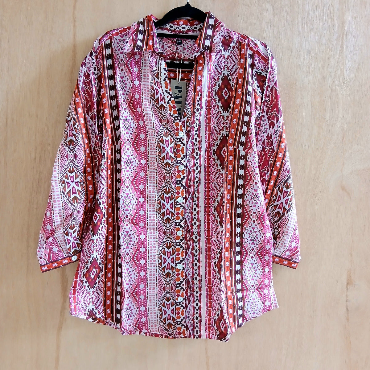 Palme V Neck+3/4 Sleeves Cotton Shirt - Rose Fonce 65943
